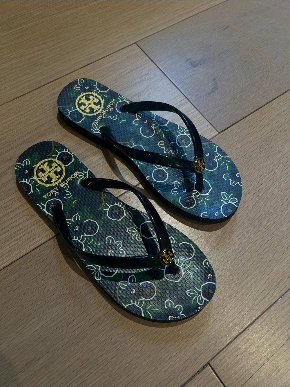 Tory Burch Navy Floral Logo Flipflop Sandals